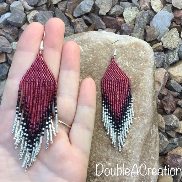 Deep Red and Silver Beaded Earrings with Fringe, New, Handmade by Me - Picture 8 of 9